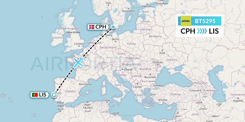 BT5295 Air Baltic Flight Map: Copenhagen to Lisbon