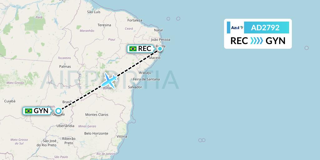 AD2792 Azul Brazilian Airlines Flight Map: Recife to Goiania