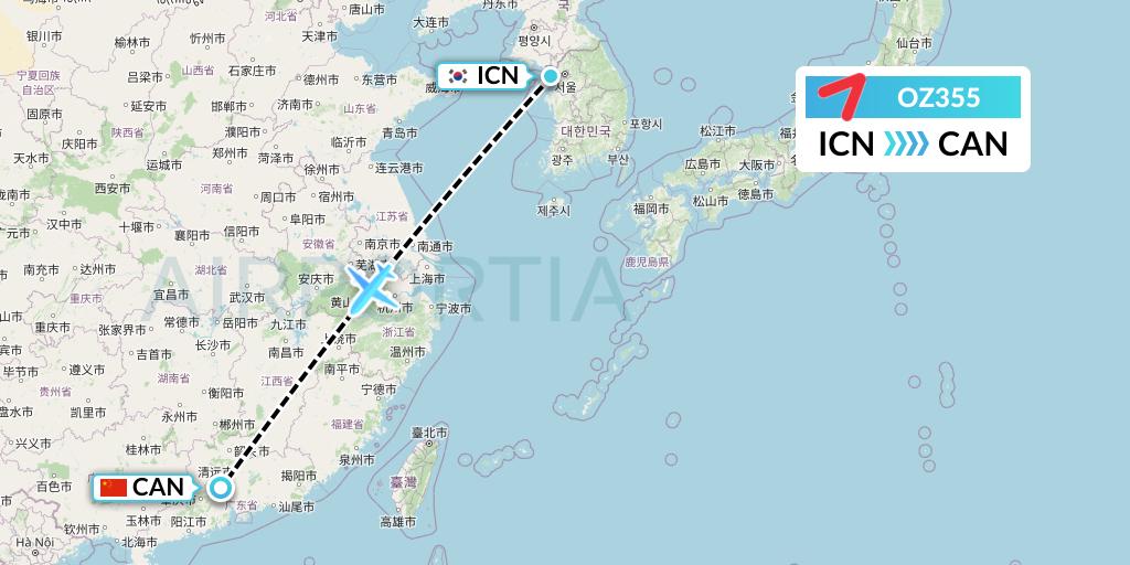 OZ355 Asiana Airlines Flight Map: Seoul to Guangzhou