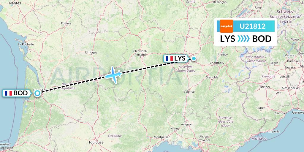 U21812 EasyJet Flight Map: Lyon to Bordeaux