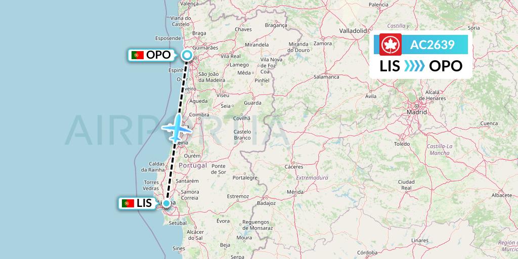 AC2639 Air Canada Flight Map: Lisbon to Porto