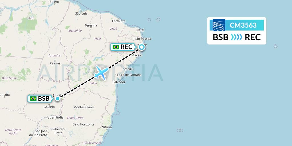 CM3563 Copa Airlines Flight Map: Brasilia to Recife
