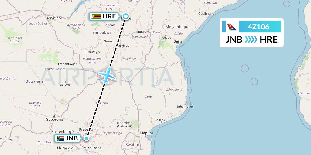 4Z106 Airlink Flight Map: Johannesburg to Harare