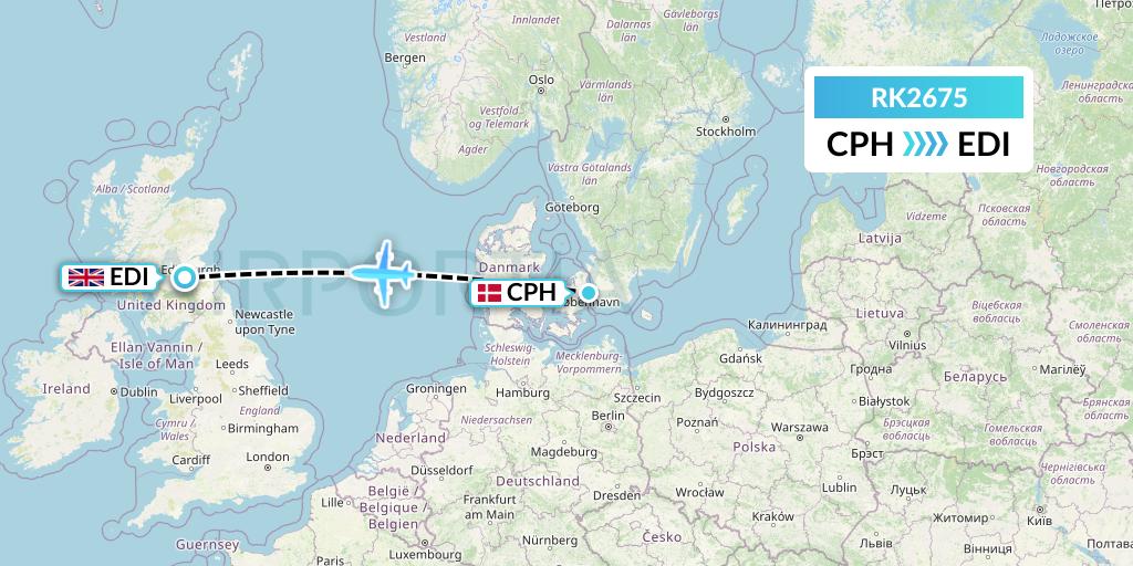 RK2675 Ryanair UK Flight Map: Copenhagen to Edinburgh