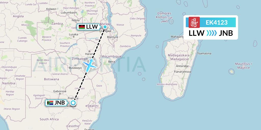 EK4123 Emirates Flight Map: Lilongwe to Johannesburg