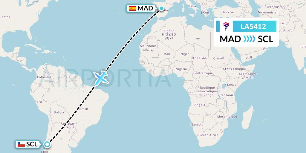 LA5412 LAN Airlines Flight Map: Madrid to Santiago