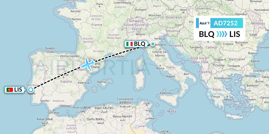 AD7252 Azul Brazilian Airlines Flight Map: Bologna to Lisbon
