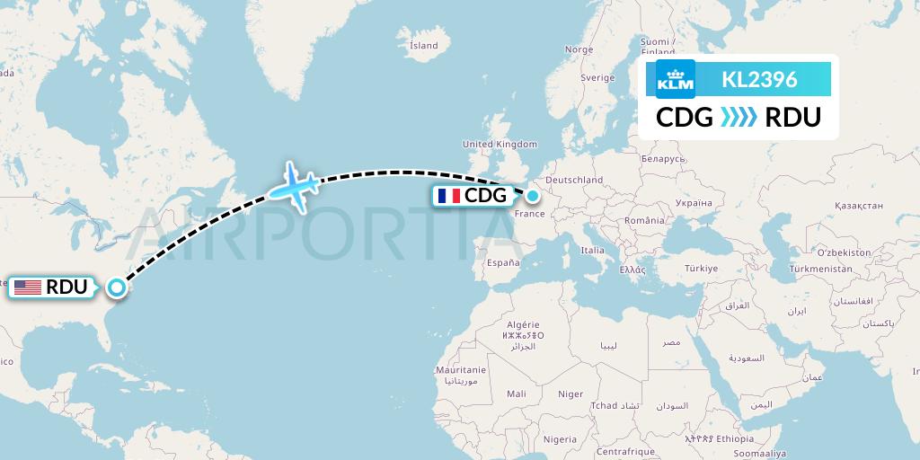 KL2396 KLM Flight Map: Paris to Raleigh-Durham
