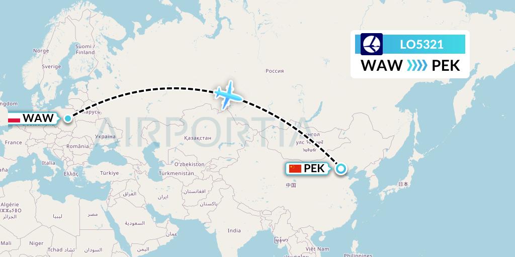 LO5321 LOT Flight Map: Warsaw to Beijing