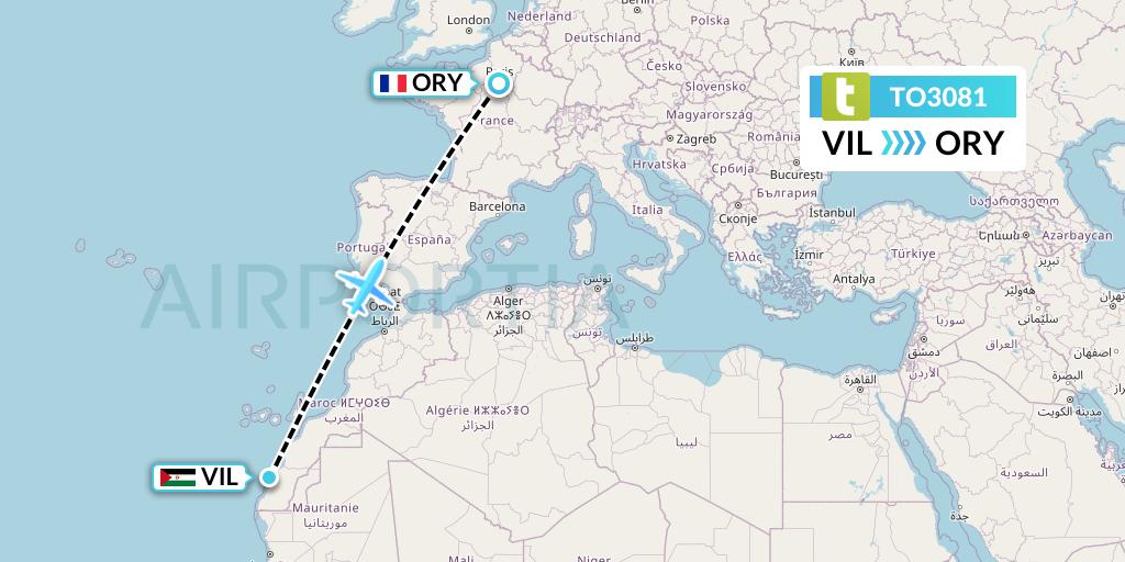 TO3081 Transavia France Flight Map: Dakhla to Paris
