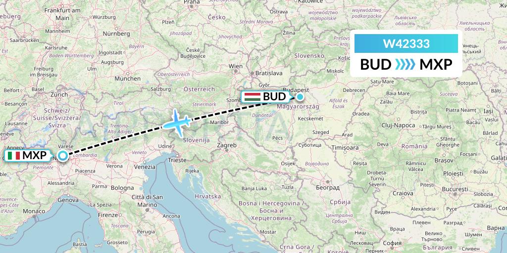 W42333 Wizz Air Malta Flight Map: Budapest to Milan