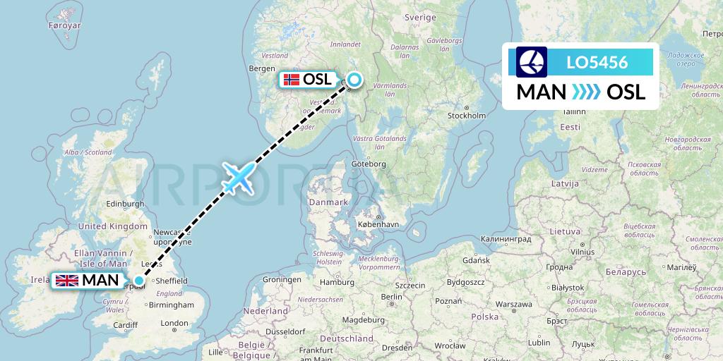 LO5456 LOT Flight Map: Manchester to Oslo