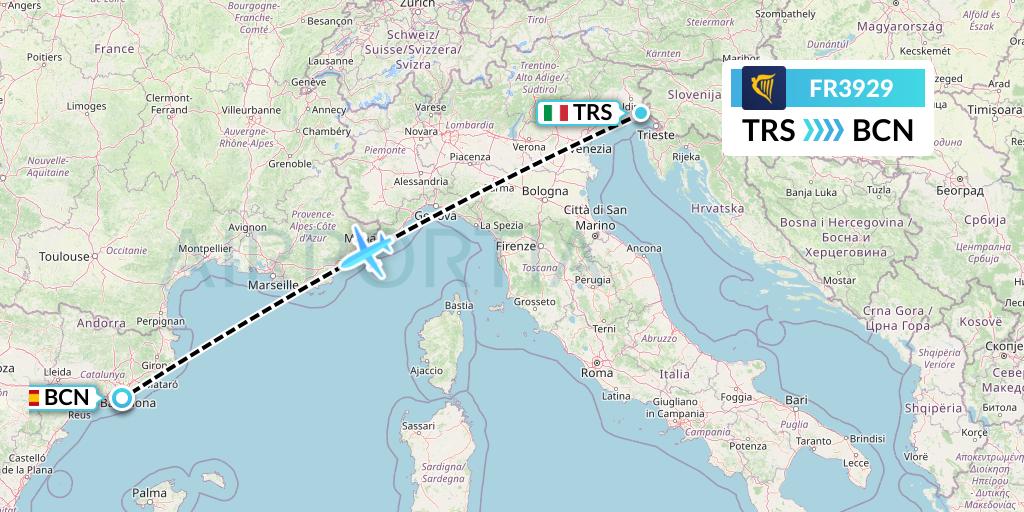 FR3929 Ryanair Flight Map: Trieste to Barcelona
