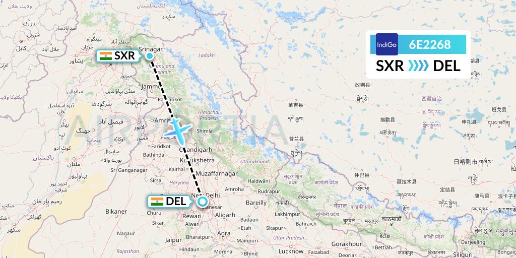 6E2268 IndiGo Airlines Flight Map: Srinagar to Delhi