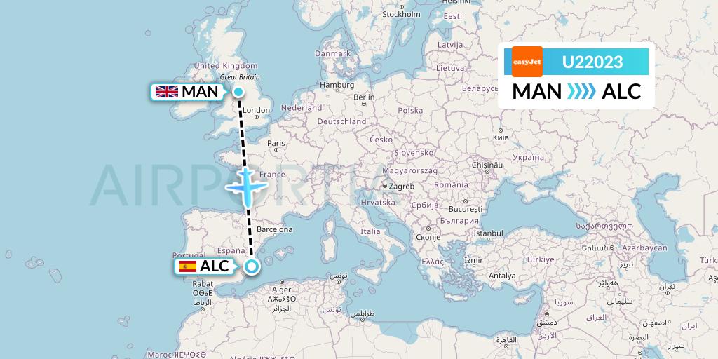 U22023 EasyJet Flight Map: Manchester to Alicante