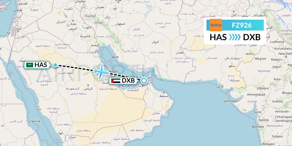 FZ926 FlyDubai Flight Map: Ha'il to Dubai