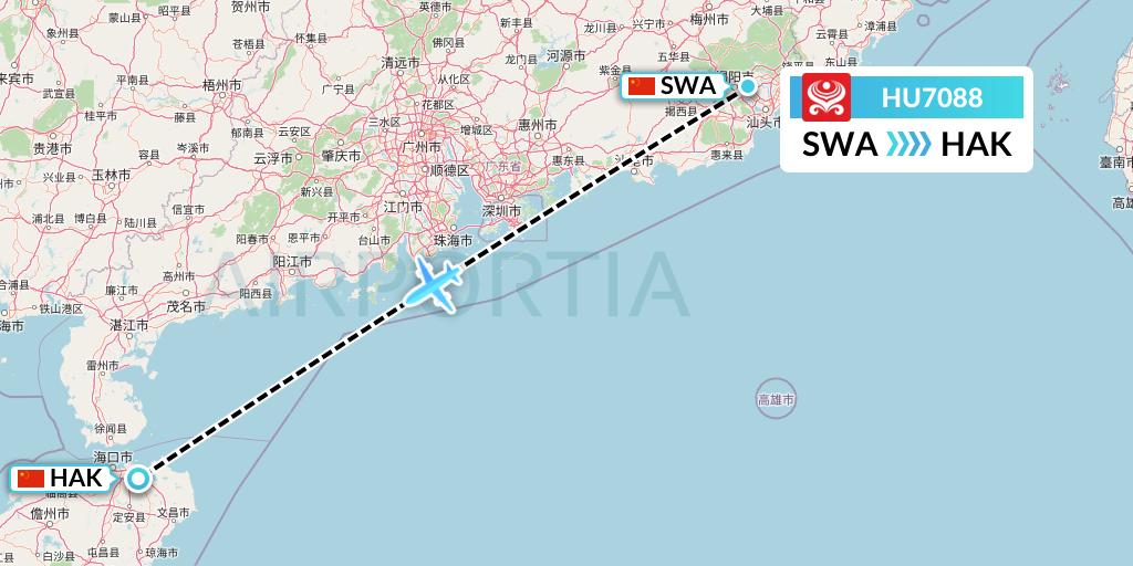 HU7088 Hainan Airlines Flight Map: Jieyang to Haikou
