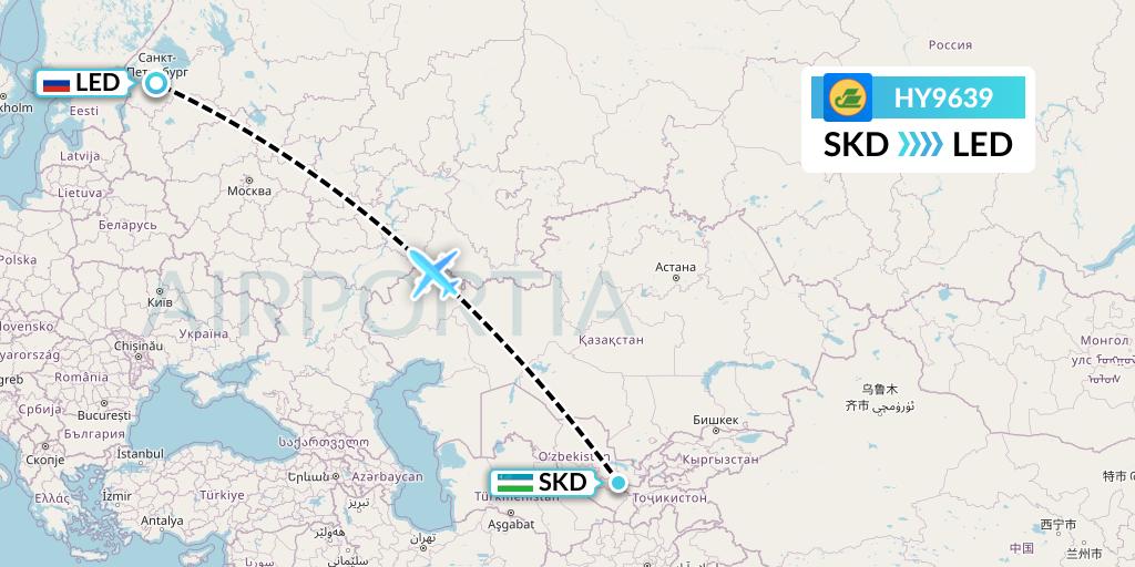 HY9639 Uzbekistan Airways Flight Map: Samarkand to St. Petersburg