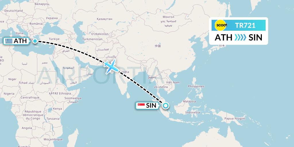 TR721 Tigerair Flight Map: Athens to Singapore