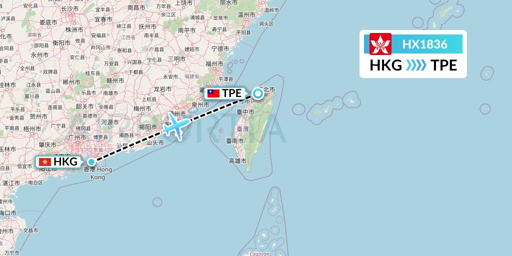 HX1836 Hong Kong Airlines Flight Map: Hong Kong to Taipei
