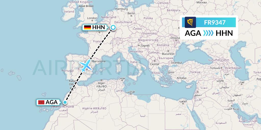 FR9347 Ryanair Flight Map: Agadir to Hahn