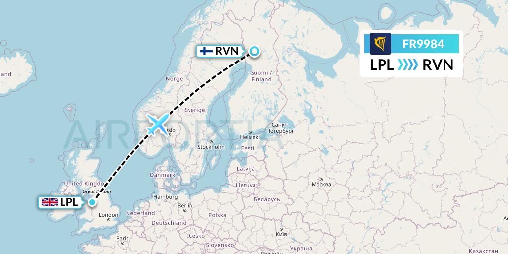 FR9984 Ryanair Flight Map: Liverpool to Rovaniemi