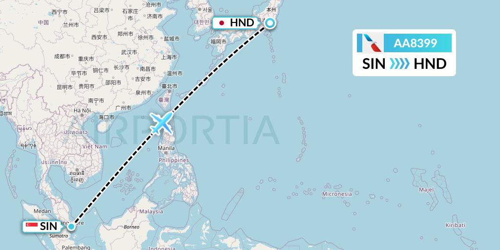 AA8399 American Airlines Flight Map: Singapore to Tokyo