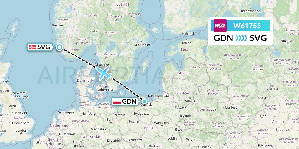 W61755 Wizz Air Flight Map: Gdansk to Stavanger