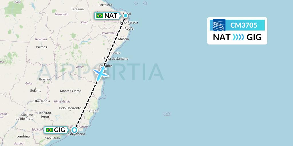 CM3705 Copa Airlines Flight Map: Natal to Rio de Janeiro