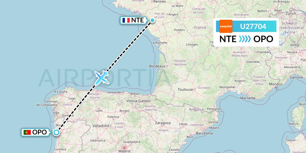 U27704 EasyJet Flight Map: Nantes to Porto