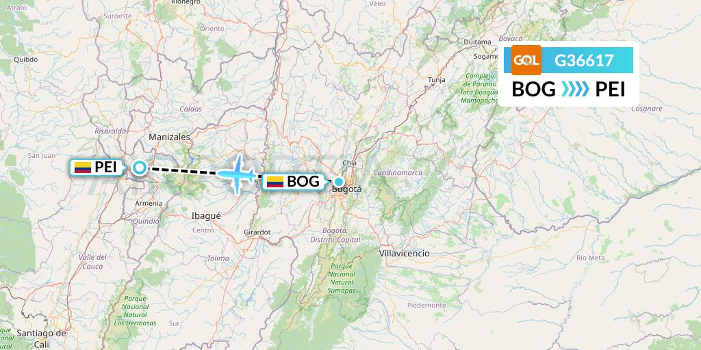 G36617 GOL Transportes Aeros Flight Map: Bogota to Pereira