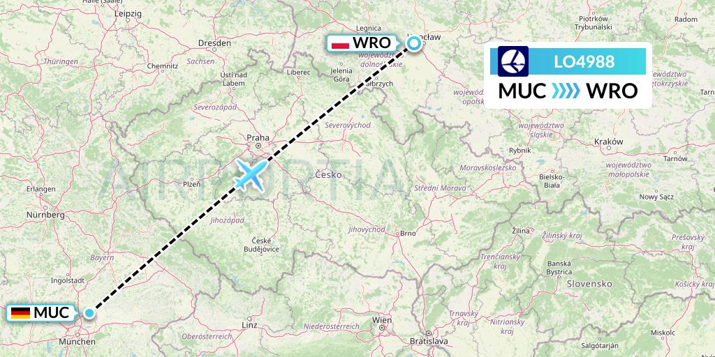 LO4988 LOT Flight Map: Munich to Wroclaw