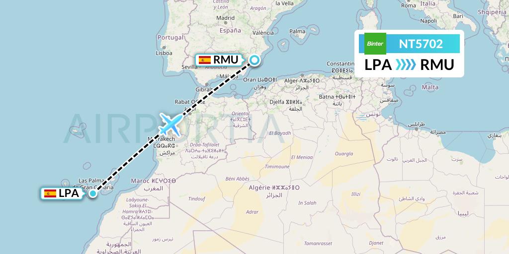 NT5702 Binter Canarias Flight Map: Las Palmas to Murcia