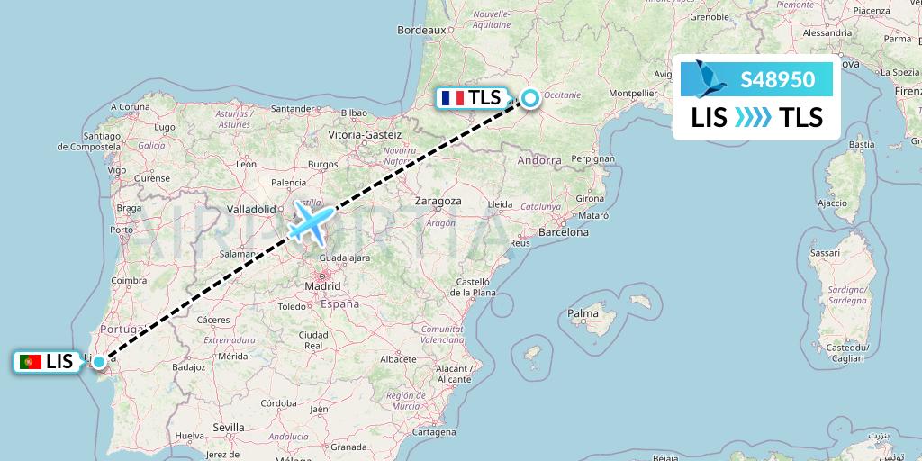 S48950 Azores Airlines Flight Map: Lisbon to Toulouse