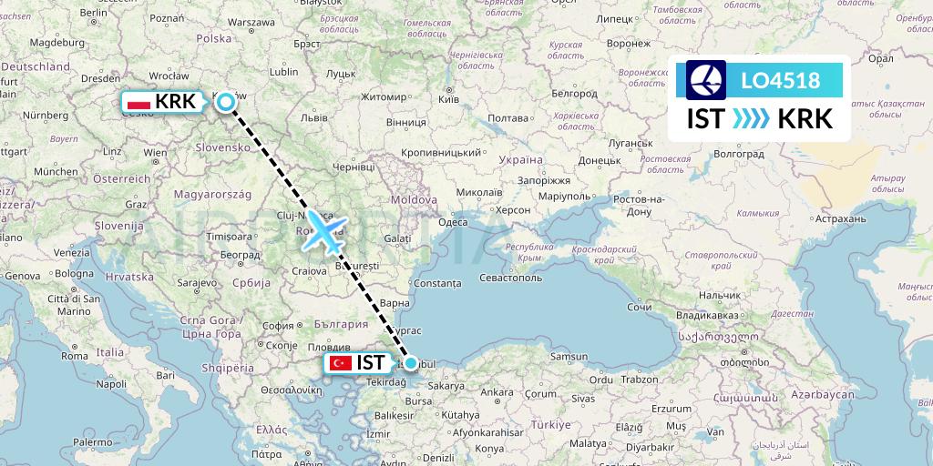 LO4518 LOT Flight Map: Istanbul to Krakow
