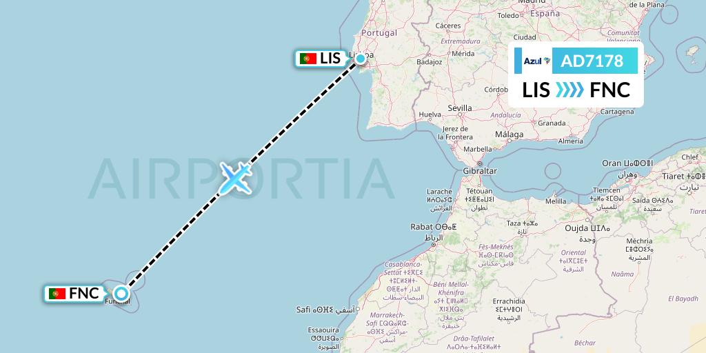 AD7178 Azul Brazilian Airlines Flight Map: Lisbon to Funchal
