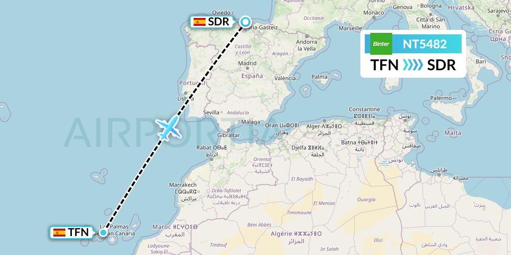 NT5482 Binter Canarias Flight Map: Tenerife to Santander