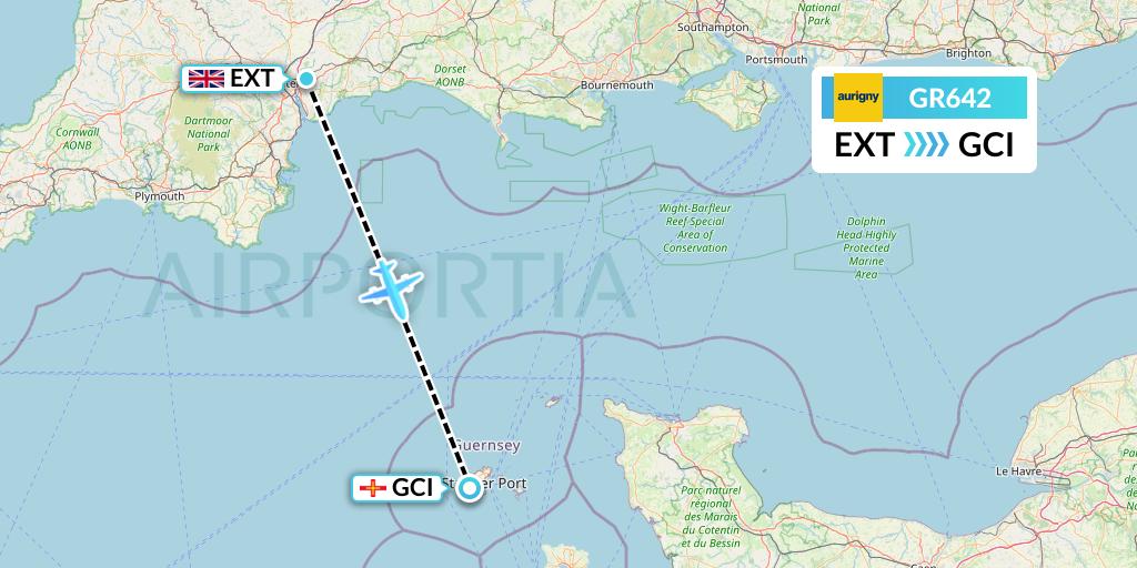 GR642 Aurigny Air Services Flight Map: Exeter to Guernsey