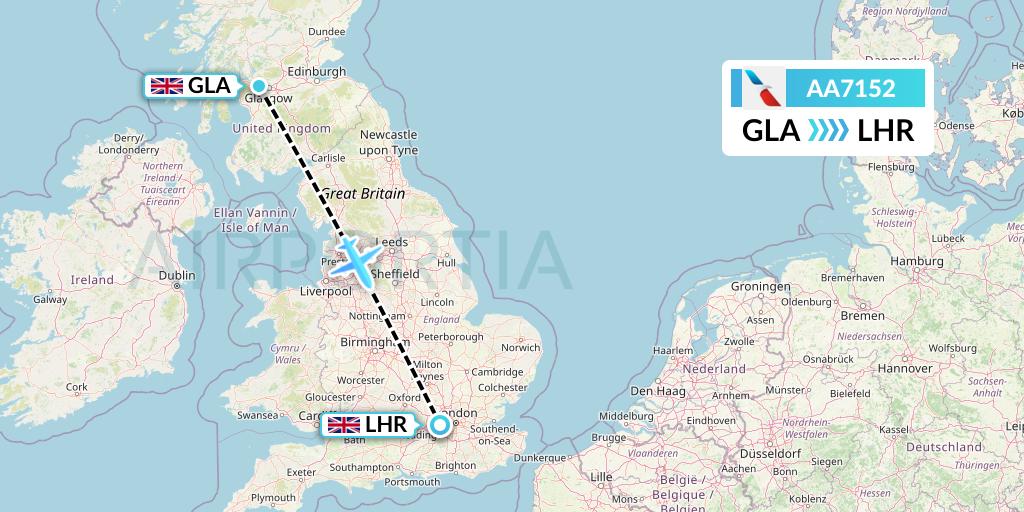 AA7152 American Airlines Flight Map: Glasgow to London