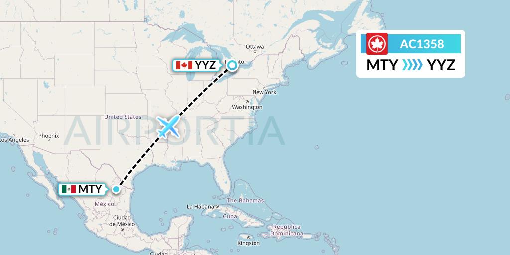 AC1358 Air Canada Flight Map: Monterrey to Toronto