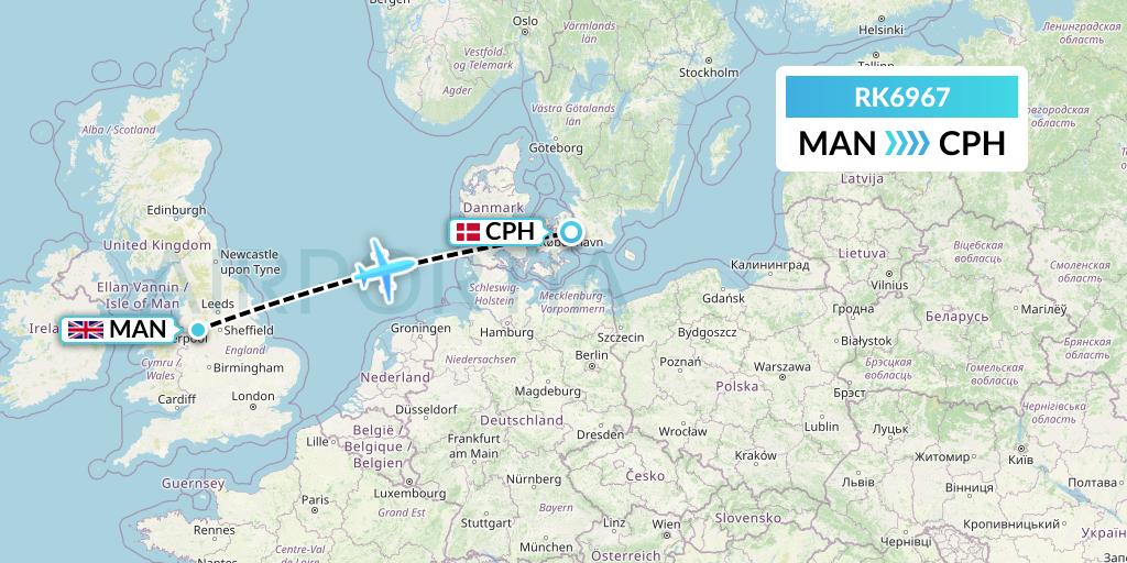 RK6967 Ryanair UK Flight Map: Manchester to Copenhagen