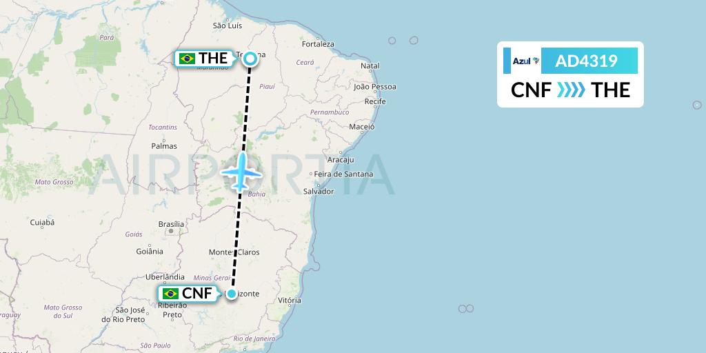 AD4319 Azul Brazilian Airlines Flight Map: Belo Horizonte to Teresina
