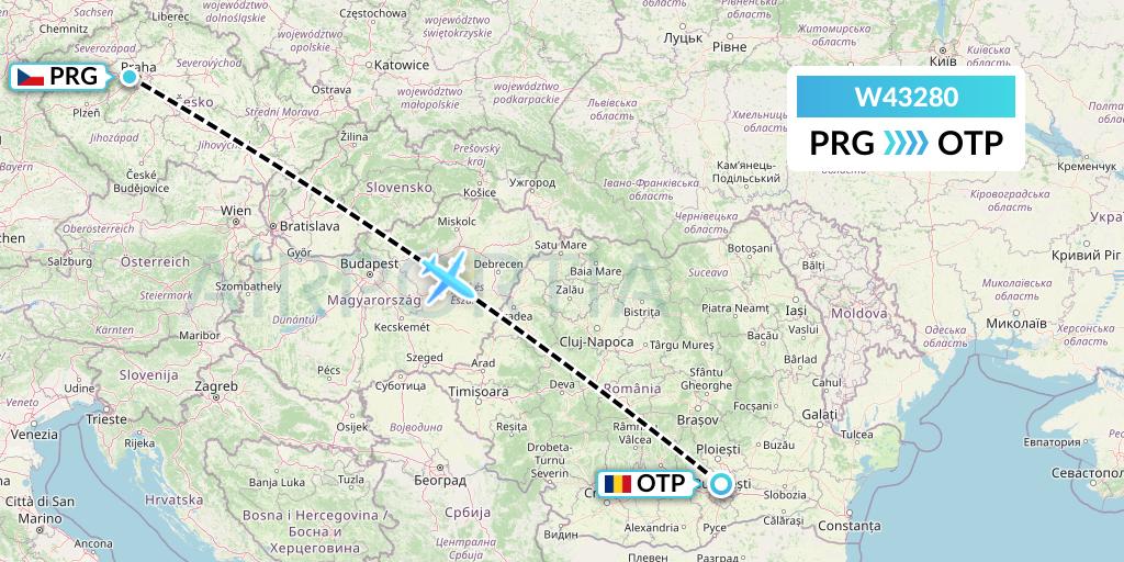 W43280 Wizz Air Malta Flight Map: Prague to Bucharest