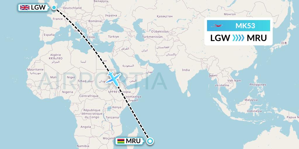 MK53 Air Mauritius Flight Map: London to Port Louis