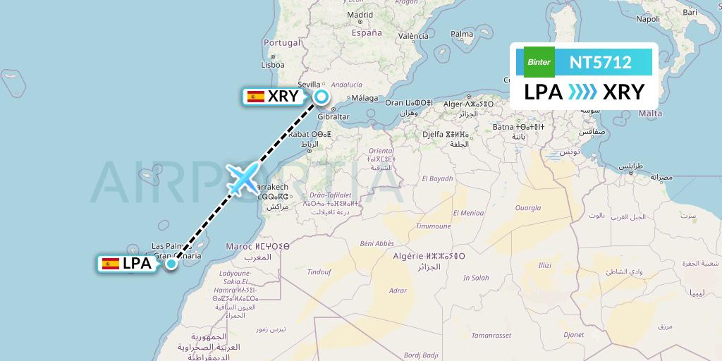 NT5712 Binter Canarias Flight Map: Las Palmas to Jerez