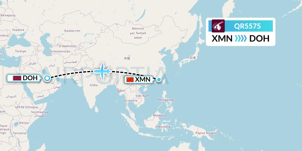 QR5575 Qatar Airways Flight Map: Xiamen to Doha