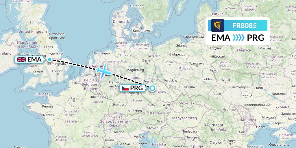 FR8085 Ryanair Flight Map: East Midlands to Prague