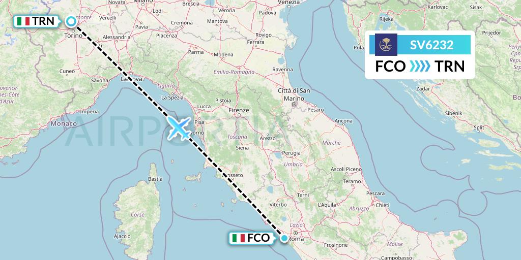 SV6232 Saudi Arabian Airlines Flight Map: Rome to Turin