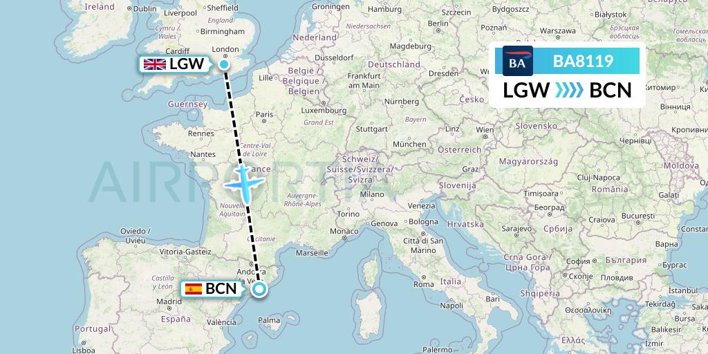 BA8119 British Airways Flight Map: London to Barcelona