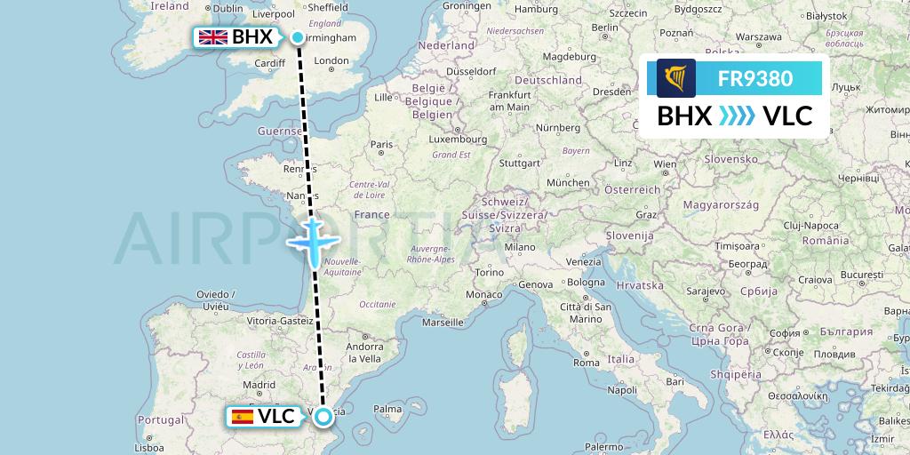 FR9380 Ryanair Flight Map: Birmingham to Valencia